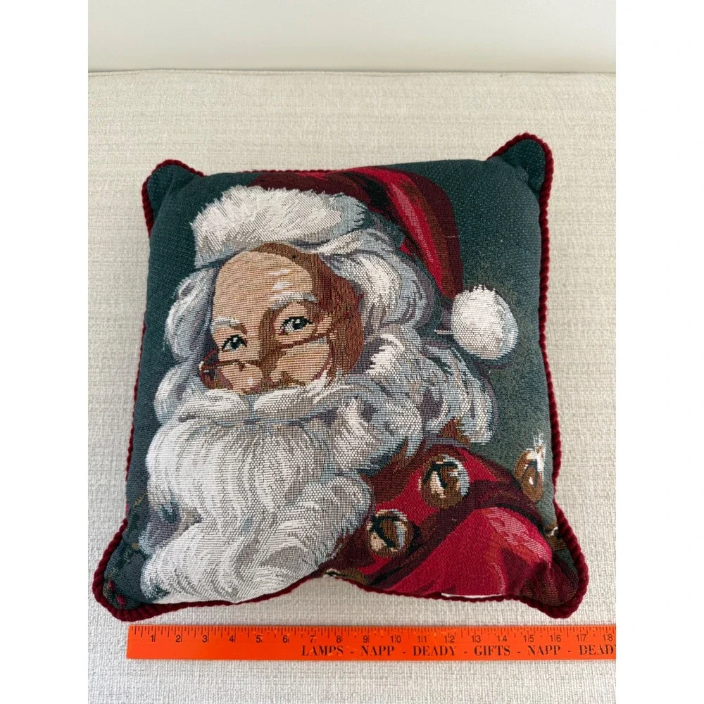 Santa Claus Tapestry Textured Christmas 2 Sided Pillow Red Cord Trim 17x17